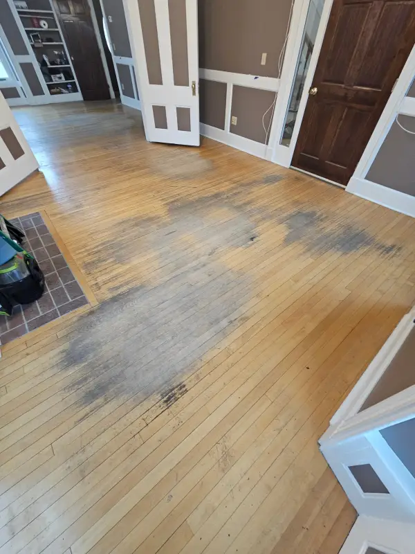 Before: hardwood living room floor with large gray worn and stained patches